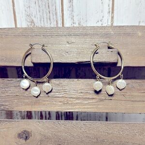 Aster reed hoops gold triple pearl dangle earrings